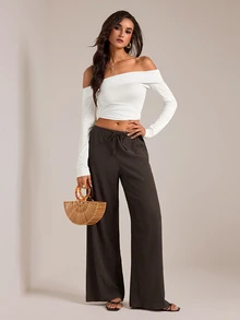 SHEIN Tall Women's Solid Color Tie Waist Wide Leg Loose Casual Versatile Pants - Brown - View 6