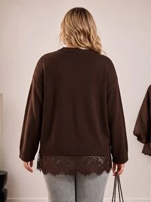 Vionelle Plus Size Women's Solid Color Round Neck Dropped Shoulder Loose Knit Sweater With Lace Hem Splice 2 In 1 Long Sleeve Pullover - Coffee Brown - View 2