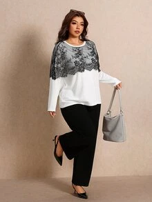 Elaquor Kaos Kasual Lengan Panjang Leher Bulat Berenda Kontras Ukuran Besar untuk Wanita, Kaos Kantor Elegan Berenda untuk Wanita, Kaos Kasual Sehari-hari untuk Bepergian. - Hitam dan Putih - View 1