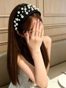 DAZY Fashionable Elegant Beaded Decor Wide Headband - Black and White - View 2