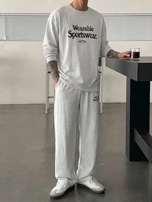 DAZY 春秋款男士長袖長褲針織薄款字母印花T恤兩件套 - 灰色 - 查看 4