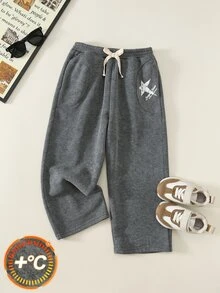 SHEIN 兒童小男孩休閒日常百搭舒適灰色水洗做舊效果印花直筒寬鬆運動長褲，適合返校季、生日派對、晚會、表演、婚禮、洗禮、開學典禮等場合 - 灰色 - 查看 6