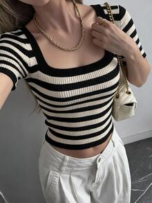 DAZY Women's Striped Halter Neck Fitted Knit Top - Black - View 5