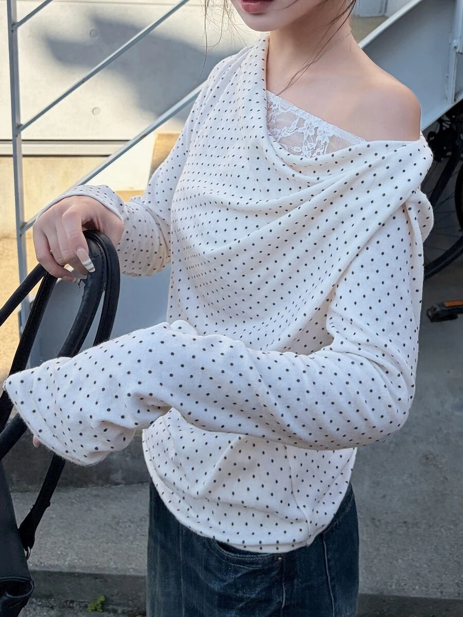 FRIFUL Women's Polka Dot Print Asymmetric Neck Long Sleeve Fashion T-Shirt Fall - White - View 1