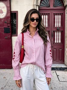 Flora Isola Flora Isola Women's Elegant Korean Style Commuter Ruffle Collar Striped Long Sleeve Blouse, Slimming Casual Striped Shirt (Random Pattern) - Pink - View 6