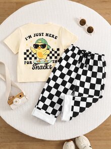 THE HAPPY LOOK 2pcs/Set Baby Boy Summer Street Style Cute Casual Knit Printed Pattern T-Shirt & Checkerboard Pants Set, Red Outfit, Streetwear Set, Infant Boy Set, Cute Outfit - Multicolor - View 8