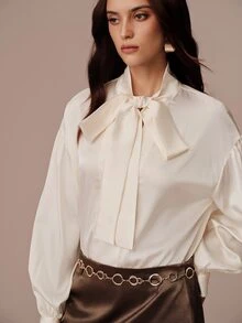 BELROSIE New European And American Style Autumn/Winter Fashion Versatile Solid Color Satin Loose Collar Tie Elegant Commute Long Sleeve Blouse - Apricot - View 5