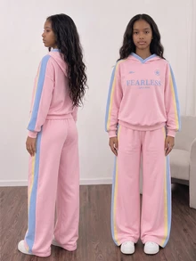 SHEIN 青少年女孩秋冬粉色運動衫套裝，長袖連帽運動衫與寬鬆休閒運動長褲套裝 - 粉色 - 查看 1