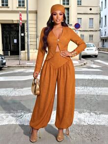 Brilight Textured 2 Pieces Set V Neck Crop Blazer Drawstring Wide Leg Pants Elegant Outfit For Teachers' Day Daily Office Corporate Rust Brown Autumn - Burnt Orange - View 4