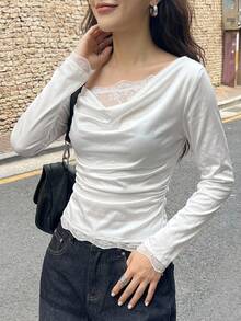 DAZY Solid Color Fitted Scoop Neck Long Sleeve Lace Trim Elegant Vacation Spring/Autumn Top Women T-Shirt - White - View 10