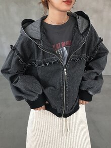FRIFUL Women's Zipper Long Sleeve Denim Hooded Jacket - Black - View 5