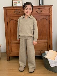 Dazy Kids Tween Girl) Casual Long Sleeve Sweater Top With Turn-Down Collar + Wide Leg Pants 2 Pieces Set - Apricot - View 4