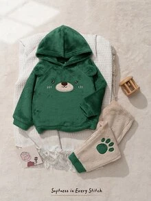 Cozy Pixies 2件組男嬰卡通熊圖案保暖內裡圓領長袖運動衫與鬆緊腰秋冬長褲套裝 - 彩色 - 查看 11