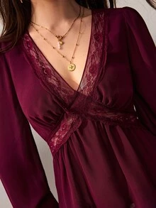 Willow Rêve Women's Burgundy Chiffon Deep V-Neck Blouse With Lace Trim, Puff Long Sleeves And Empire Waist, Romantic Elegant Fall Date Night Dinner Going Out - Burgundy - View 6