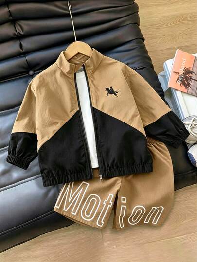 SHEIN Coolqubz Young Boy Colorblock Patchwork Jacket & Letter Print Shorts 2pcs Set