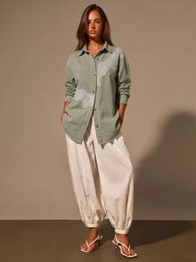 Athîral Denim Women's Lace Patchwork Denim Top - Khaki - View 3