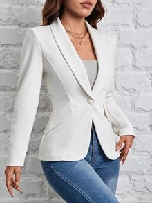 SHEIN PETITE 秋冬通勤穿著 綠色水果領單鈕扣黑色西裝外套 - 白色 - 查看 2