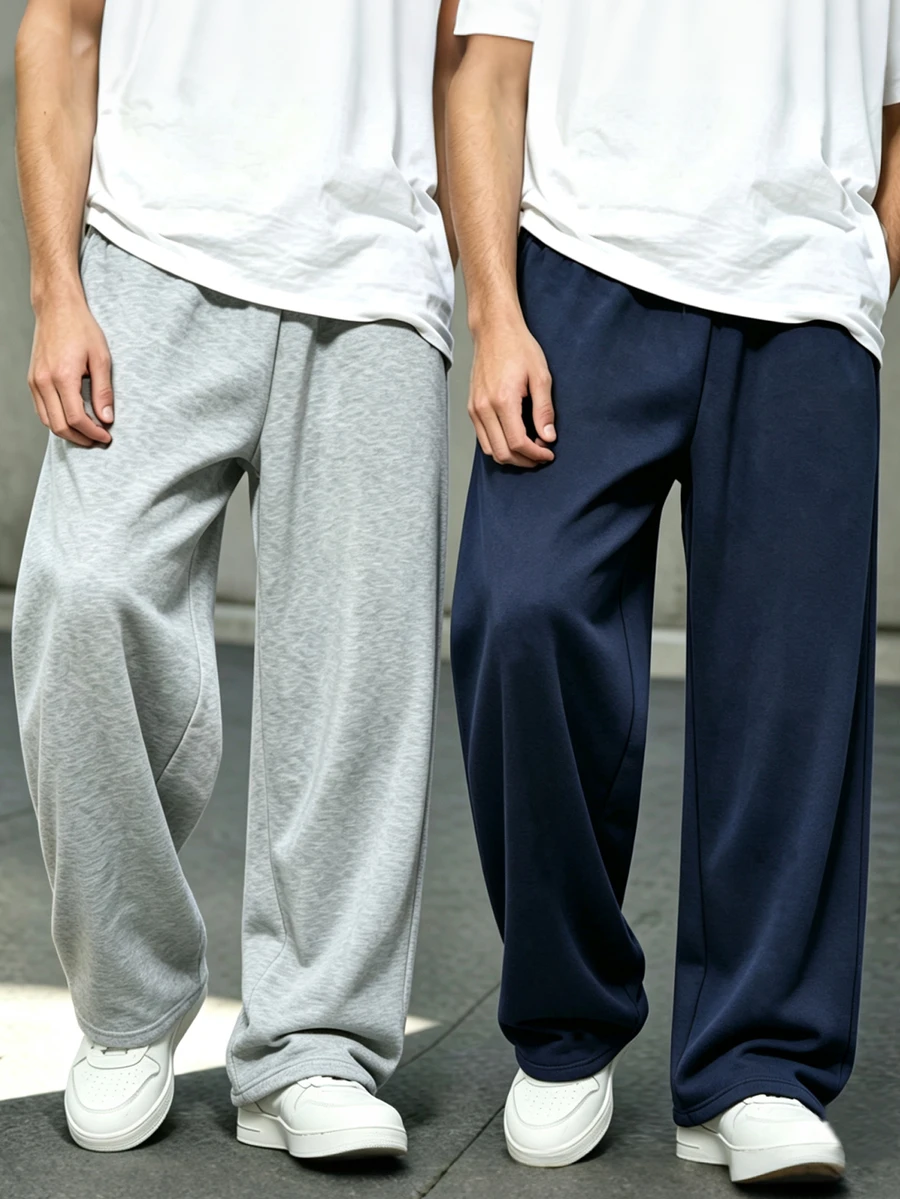 2件組 Vacaura 男款極簡休閒時尚運動刷毛直筒運動長褲,黑色與灰色,適合春、秋、冬季 - 彩色 - 查看 1