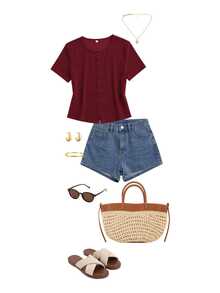 SHEIN Essnce Plus Size Summer Casual Solid Color Front Button T-Shirt - Burgundy - View 7