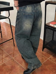 DAZY Spring/Autumn Gray-Blue Washed Distressed Loose Fit Plus Size Men's Jeans - Blue - View 2
