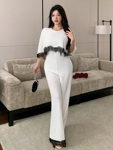 Modelyn Elegant Lace Patchwork Cape Jumpsuit For Women, Sophisticated And Fashionable - Black and White - View 4