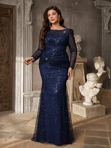 Aureia Plus Size Elegant Luxury Deep Blue Sequin Bead Sheer Long Sleeve Asymmetrical Neckline Ruched Fitted Mermaid Tail Train Patchwork Side Flounce Suitable For Wedding Events Evening Party Ball Heavy Work Evening Gown (Heavy Work Design) - Navy Blue - View 4