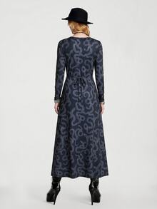 Breakform Gothic Goth Halloween Sexy Long Printed Lace-Up Long Sleeve Dress With Snake Pattern, Dark Romantic Style Night Fall - Multicolor - View 2