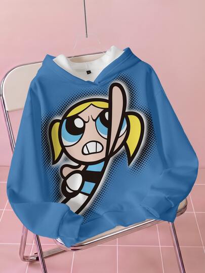 THE POWERPUFF GIRLS X SHEIN Sudadera con capucha de felpa azul con estampado de personaje lindo Bubbles para mujer