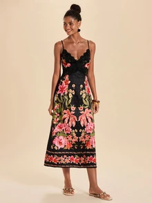 Travachic Women's Floral Print Lace Patchwork Spaghetti Strap Vacation Dress - Multicolor - View 5