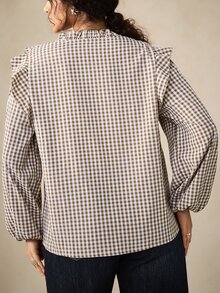 Nubod Plus Size Spring/Autumn Vintage Plaid Country Style Romantic French Inspired Round Neck Tie Front Drawstring Chest Shoulder Patchwork Ruffle Lace Puff Sleeve Long Sleeve Blouse - Brown - View 2