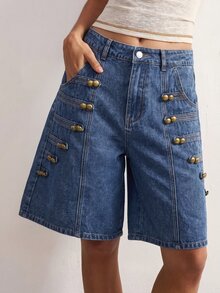Bohemela Women's Napoleonic Military-Inspired Denim Shorts For Fall, Featuring A Vintage Wash And A Blend Of '70s, '90s, And Y2K Streetwear Styles / Blue - Blue - View 2