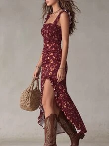 Glimmora Gaun Wanita Fashion dengan Hiasan Renda Berkerut dan Tali Bahu Tipis, Motif Penuh - Burgundy - View 4