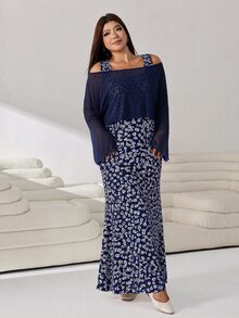 Solflare Casual Women Plus Size Floral Print Dress With Asymmetric Neck Top Set - Navy Blue - View 5