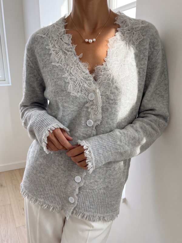 Sprig & Strand Elegant V-Neck Lace Trim Single-Breasted Cardigan For Women