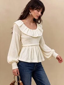 CielaLinda Damtröja i mohair med volang, ballongärmar och peplum, vit stickad topp - Grädde - Visa 5