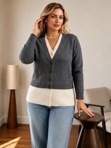 Vionelle Grey And White Colorblock 2 In 1 V-Neck Knit Cardigan, Single-Breasted Hem Splice Cropped Long Sleeve Plus Size Sweater Jacket Winter - Grey - View 6