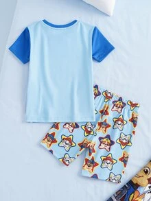 SHEIN | PAW Patrol 小男孩卡通印花拼色上衣與短褲套裝 貼身居家服 - 藍色 - 查看 2