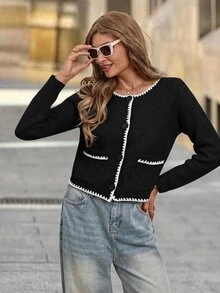 SHEIN Clasi Women's Colorblock Casual Versatile Daily Wear Cardigan - Black - View 6