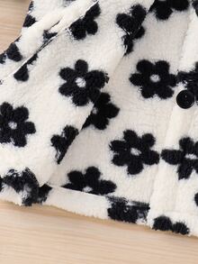 SHEIN Young Girl Knitted Flower Dual Pocket Faux Fur Collar Casual Jacket - Black and White - View 7