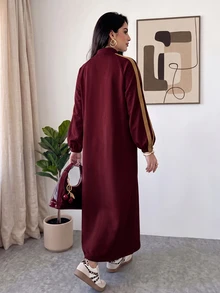 Solavon Women's Loose Long Sleeve Dress With Frog Button Design - Burgundy - View 2