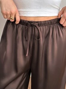 Shapeblank Plus-Size Women's Spring And Autumn Fashionable Casual Loose Comfortable Brown Satin Elastic Waist Wide-Leg Pants,Fall Outfits,Simple Style - Brown - View 8