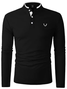 Calvornis 男士拼色休閒百搭日常穿著長袖 Polo 衫，海灘度假風，黑白配色，秋季老錢風，聖誕 - 黑色 - 查看 4