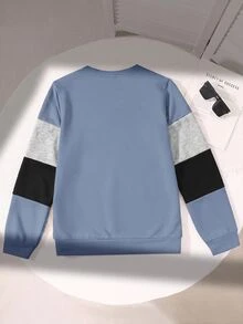 SHEIN 青少年男孩休閒圓領長袖拼色拼接袖套頭衛衣，寬鬆版型，適合春夏秋冬，校園穿搭，秋季服飾，長袖上衣 - 霧霾藍 - 查看 5
