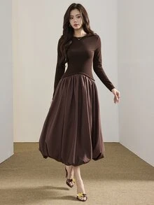 Heiryn Women's Solid Color Round Neck Long Sleeve Elegant Tulip Hem Mid-Length Dress - Brown - View 6