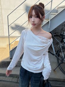 FRIFUL Women's Polka Dot Print Asymmetric Neck Long Sleeve Fashion T-Shirt Fall - White - View 5