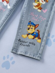 SHEIN | PAW Patrol Young Girl Letter Cartoon Pattern Pocket Casual Denim Jeans - Blue - View 8