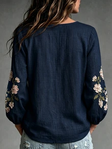 SHEIN 秋季優雅度假長袖花卉印花女式襯衫，派對聚會購物通勤女式上衣 - 藍色 - 查看 2