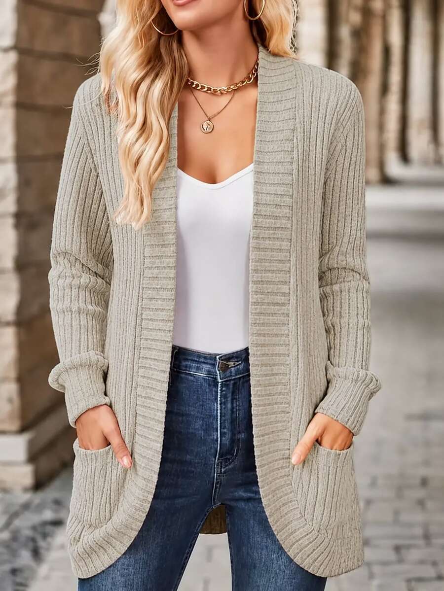 EMERY ROSE Women's Casual Ribbed Brushed Open Front Side Pocket Short Jacket - Khaki - View 1