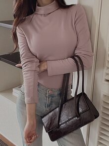 DAZY 女款修身保暖內裡高領套頭T恤 - 卡其色 - 查看 1