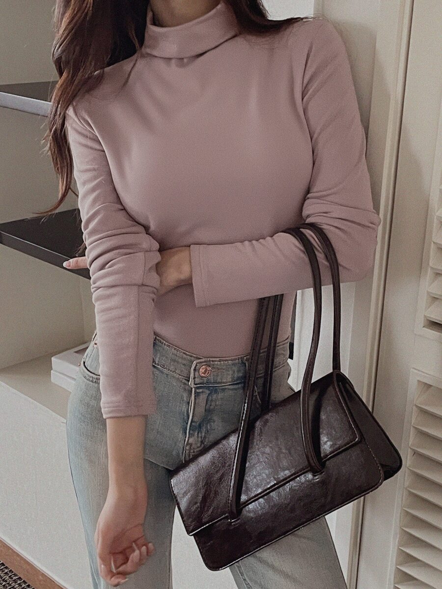 DAZY 女款修身保暖內裡高領套頭T恤 - 卡其色 - 查看 1